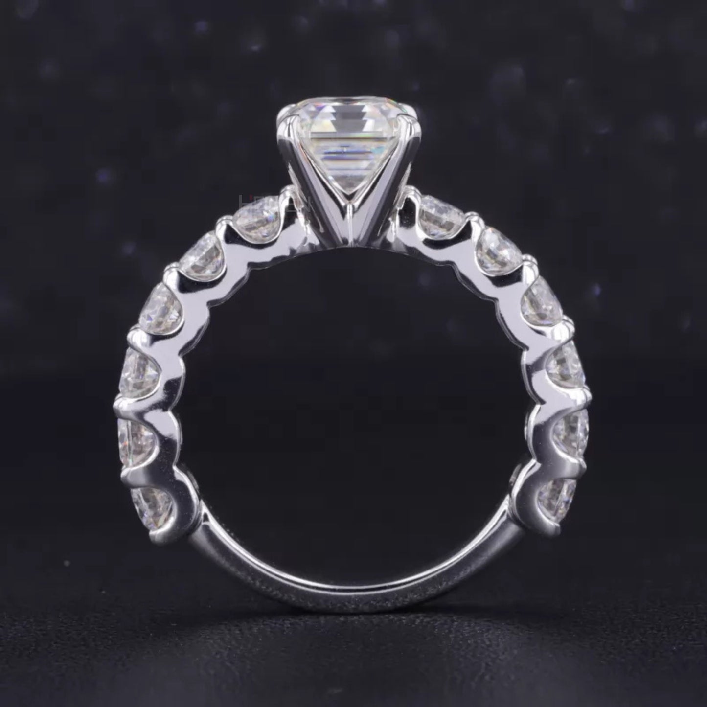 Asscher Cut Moissanite Solitaire Ring with Pave Diamond Shank