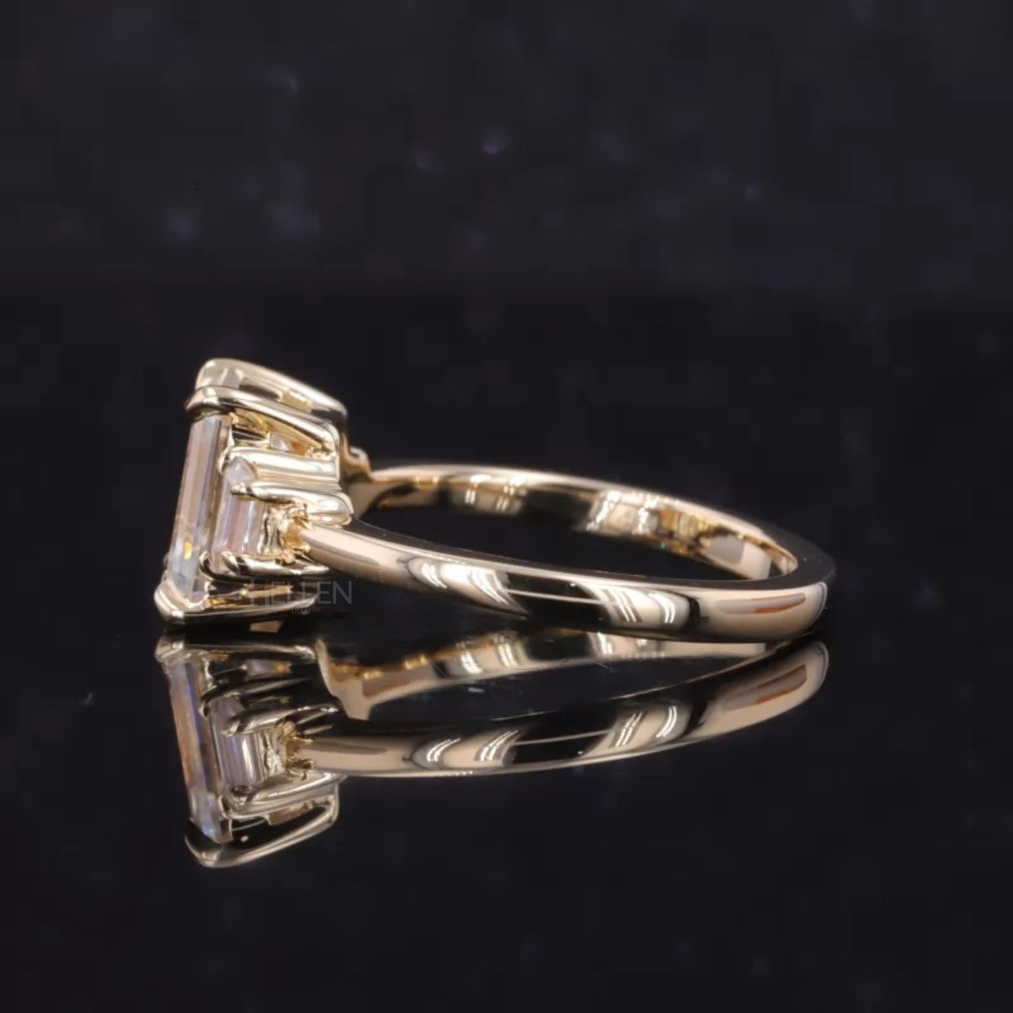 Three Stone Emerald Cut Moissanite Engagement Ring