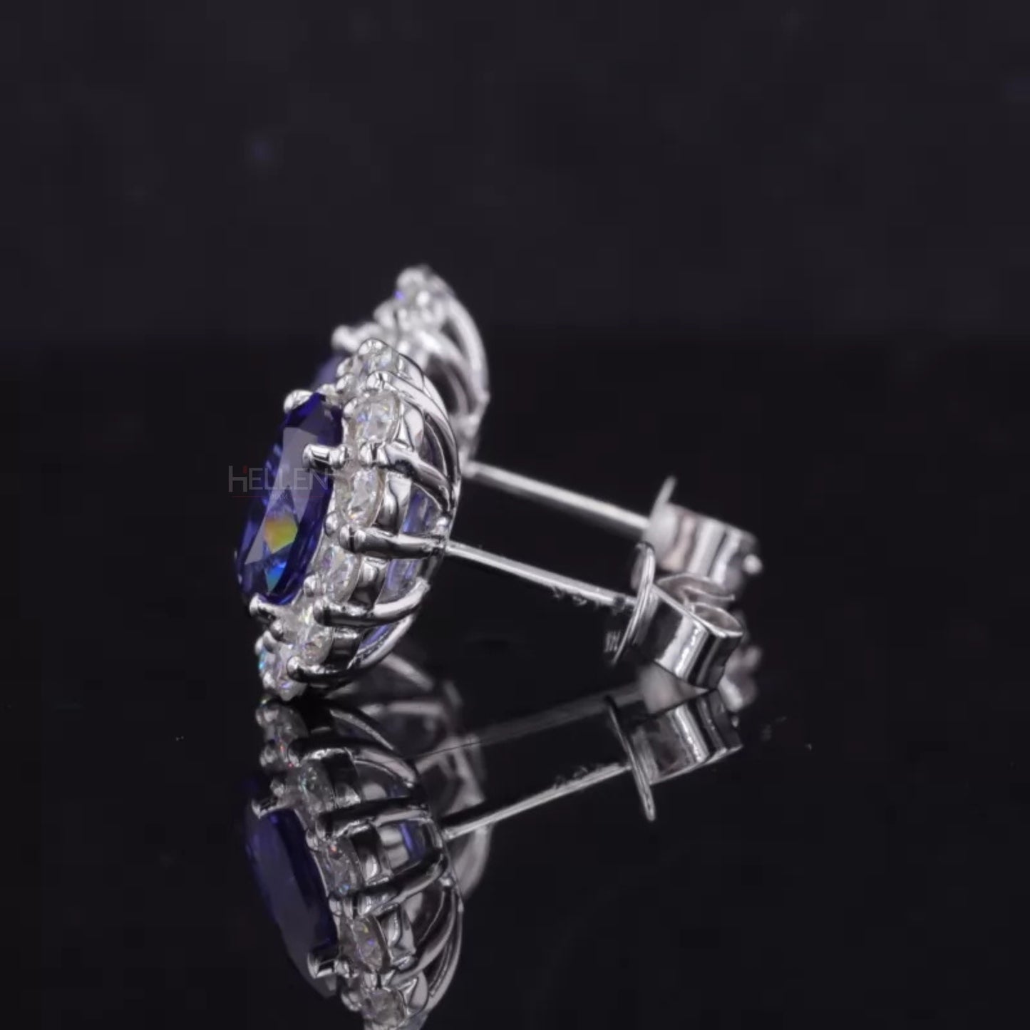 Blue Sapphire Oval Cut Gemstone With Round Cut Halo Studs Earring