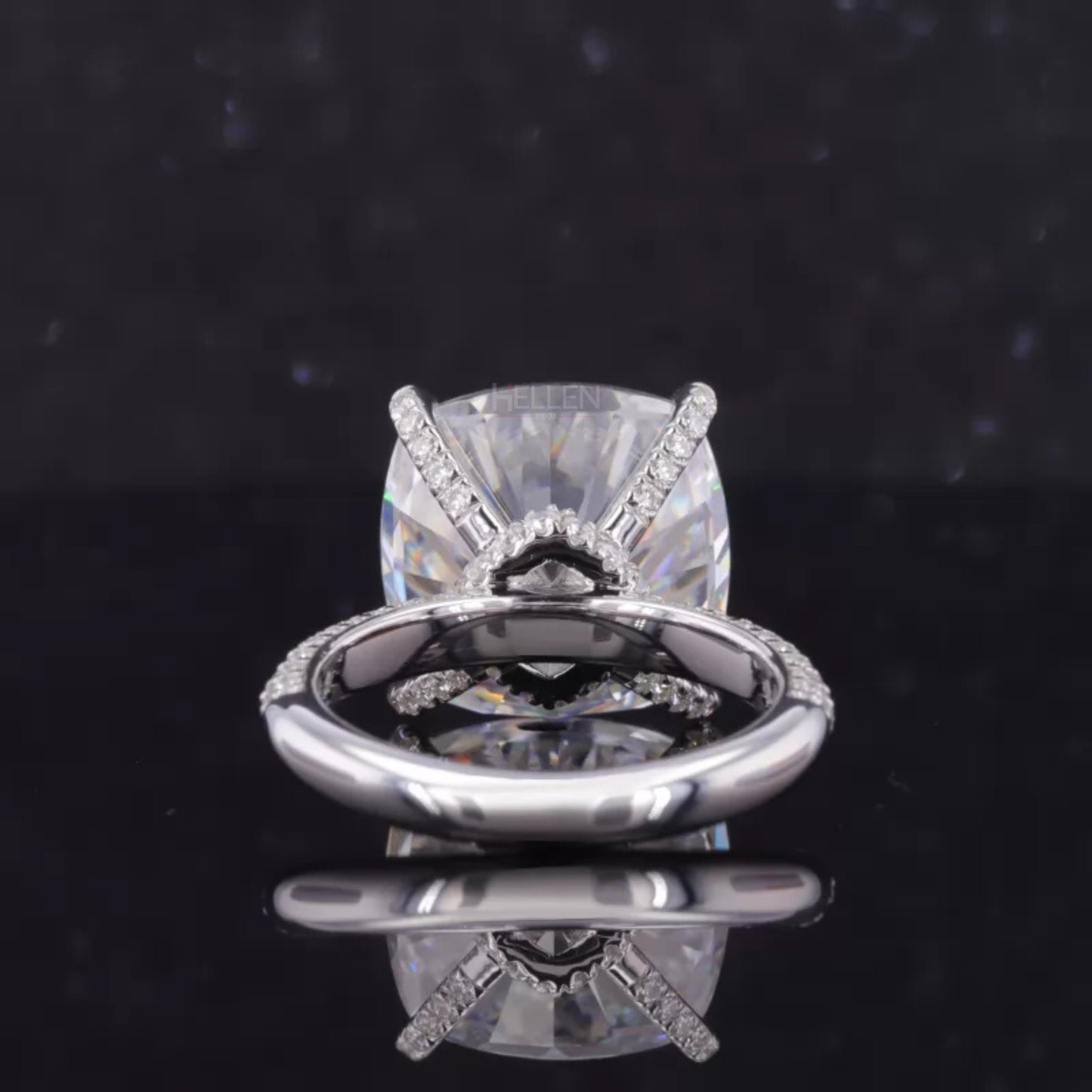 10 Ct Cushion Cut Solitaire Moissanite Hidden Halo & Round Side Ring