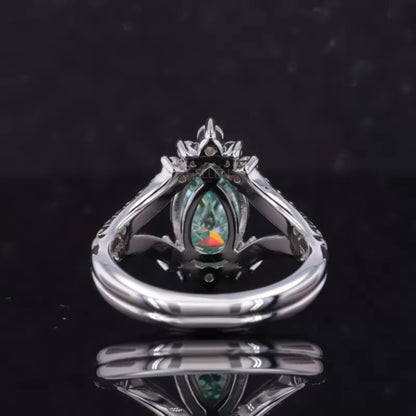 Blue-Green Pear & Round Moissanite Split Shank Engagement Ring