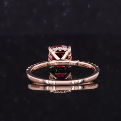 Red Ruby Cushion Cut Moissanite Pave Ring