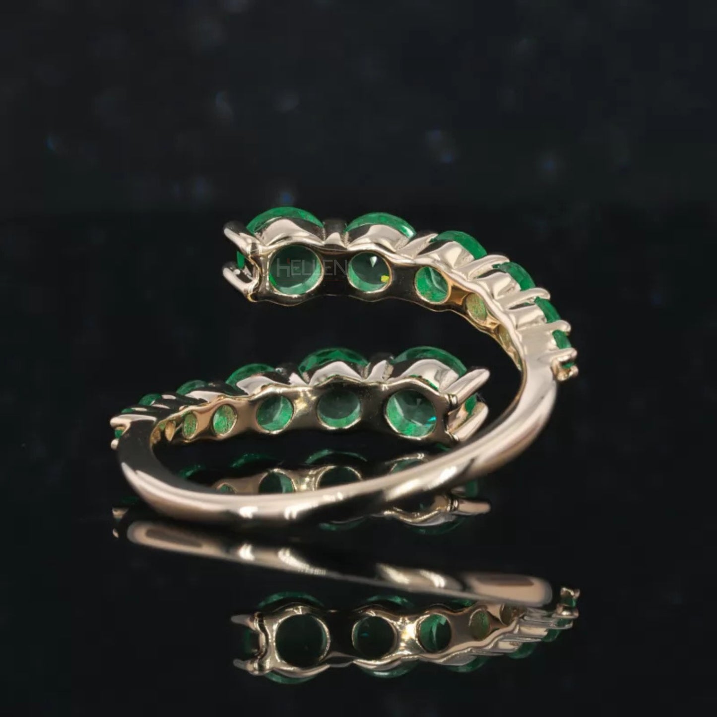 Round Cut Green Emerald Open Gap Wedding Band