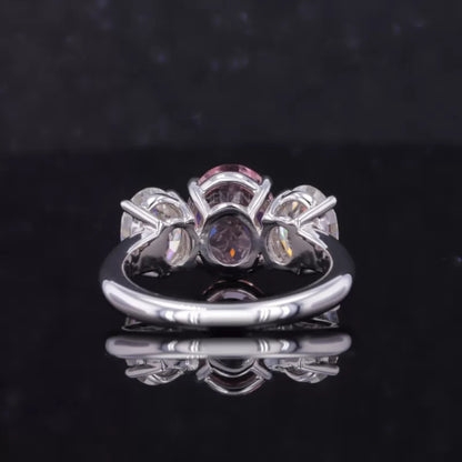 3 Stone Pink Oval Cut Moissanite Ring – 925 Sterling Silver