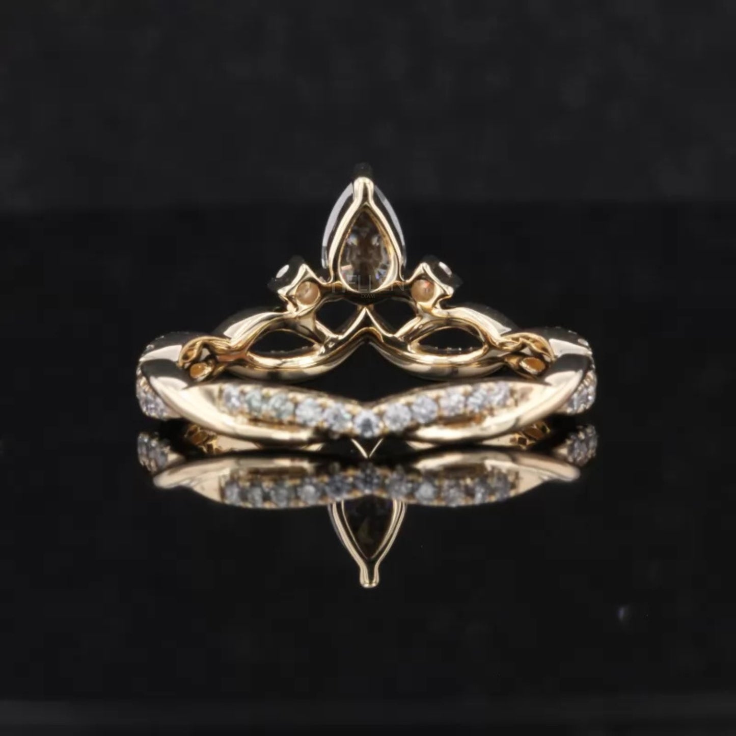 Round & Salt and Pepper Pear Cut V Curved Moissanite Wedding Band