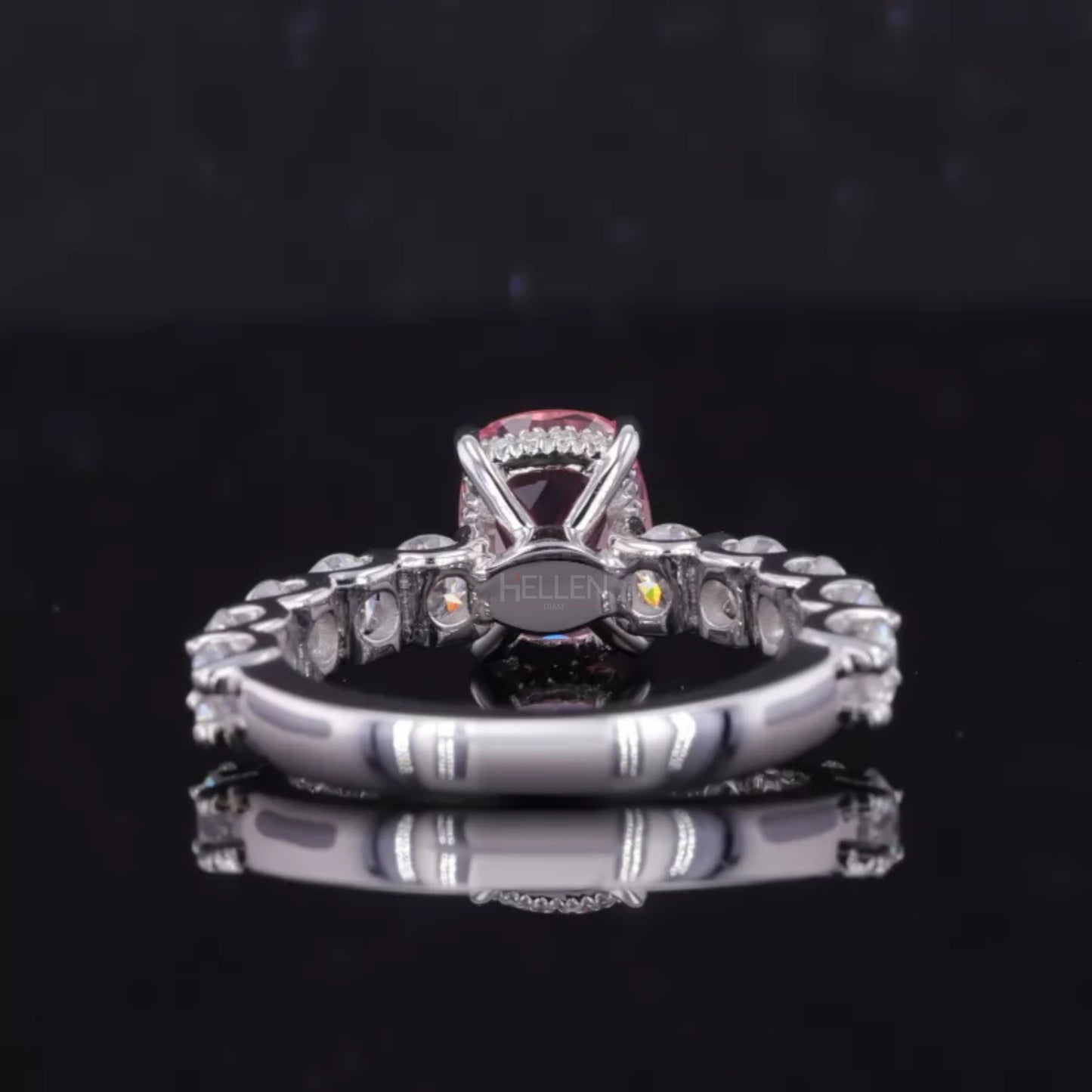 Pink Sapphire Elongated Cushion Cut Moissanite Pave Ring