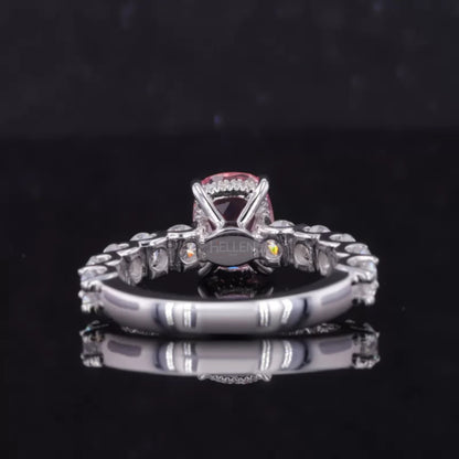 Pink Sapphire Elongated Cushion Cut Moissanite Pave Ring