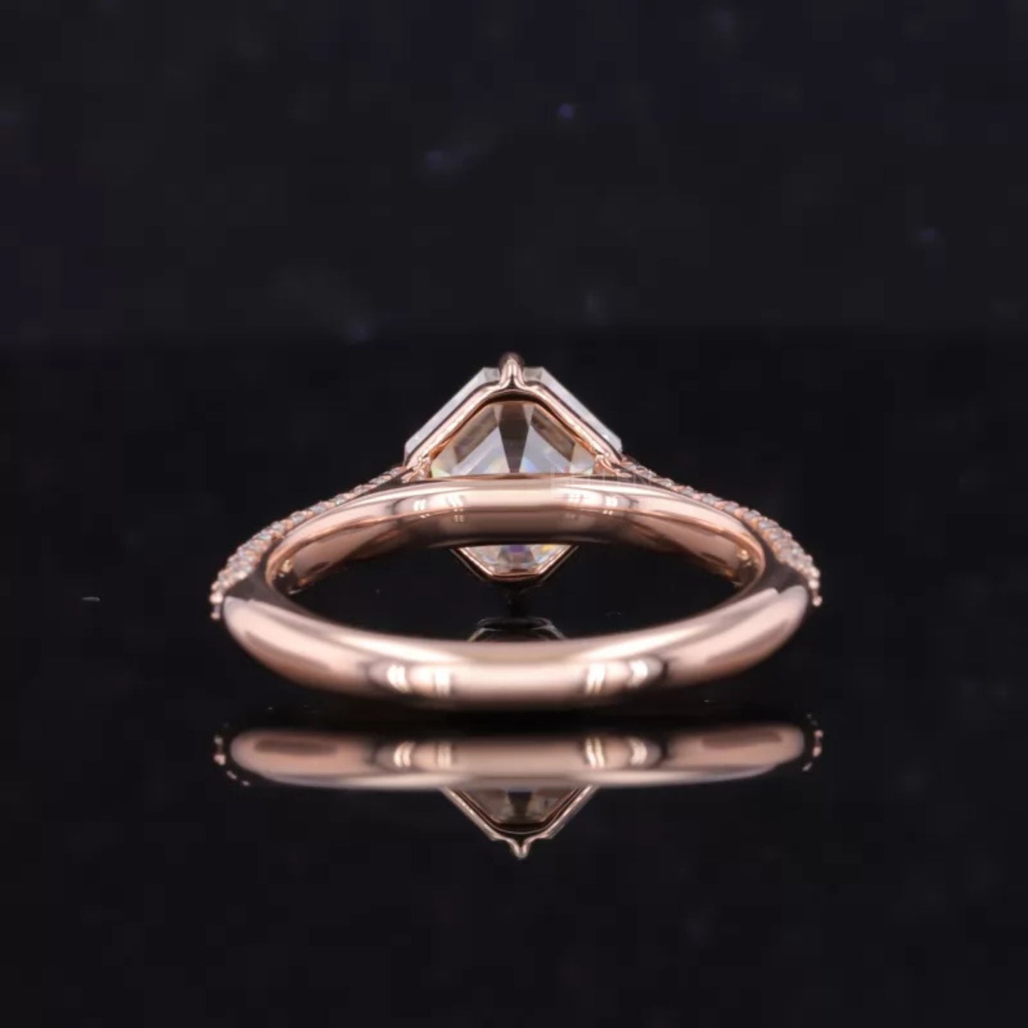Asscher Cut Moissanite Solitaire Ring with Pave Diamond Shank