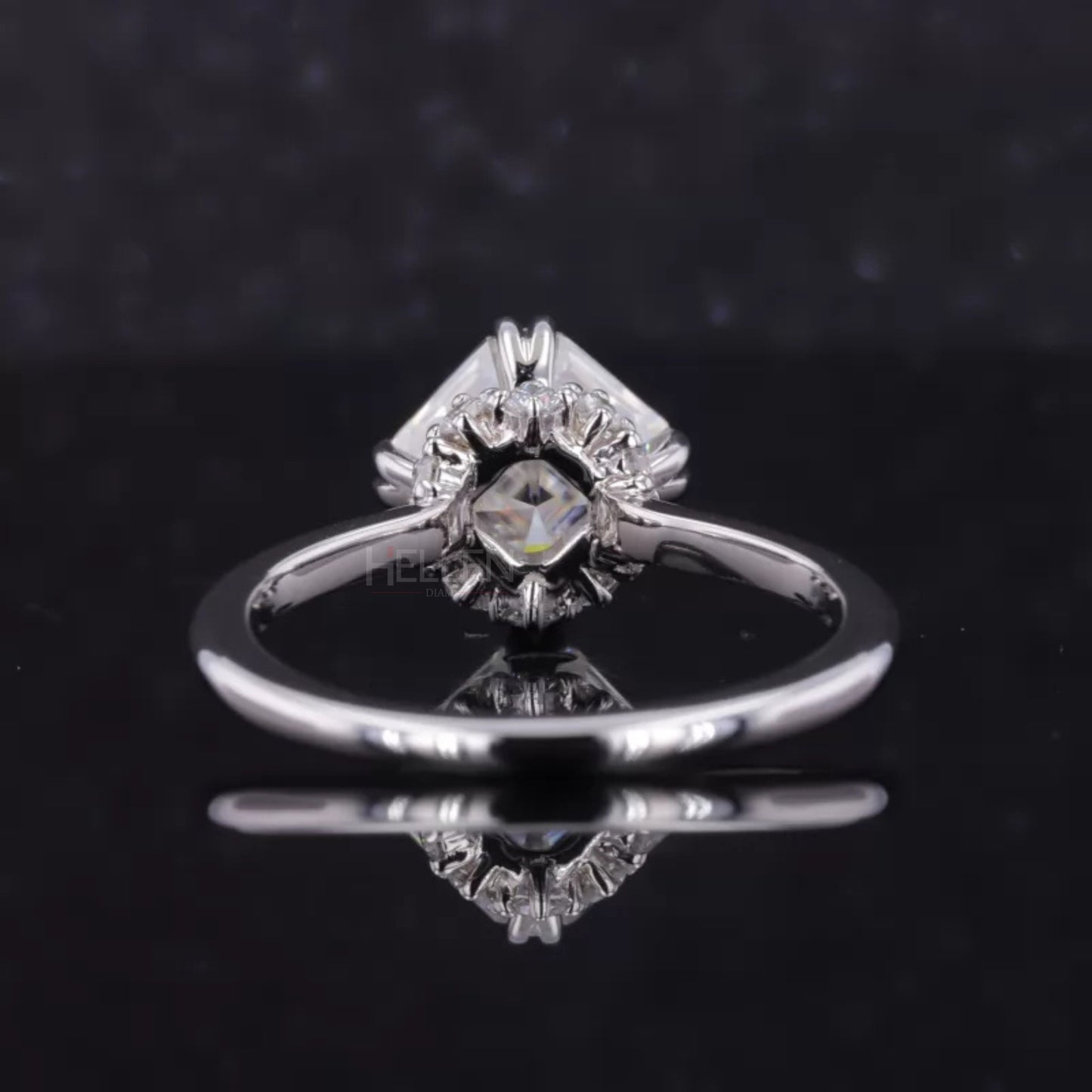 Asscher Cut Moissanite Solitaire Ring with Hidden Halo