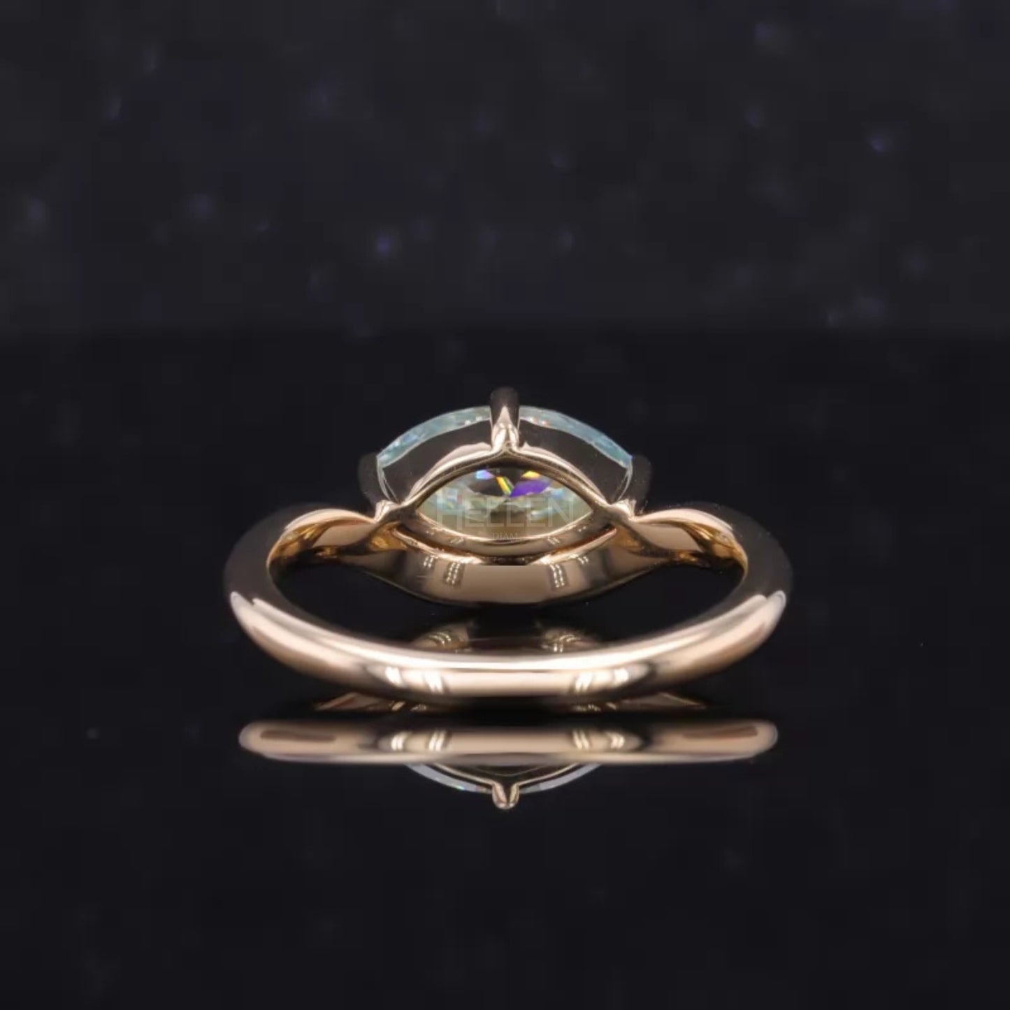 East-West Marquise Blue Green Moissanite Solitaire Proposal Ring
