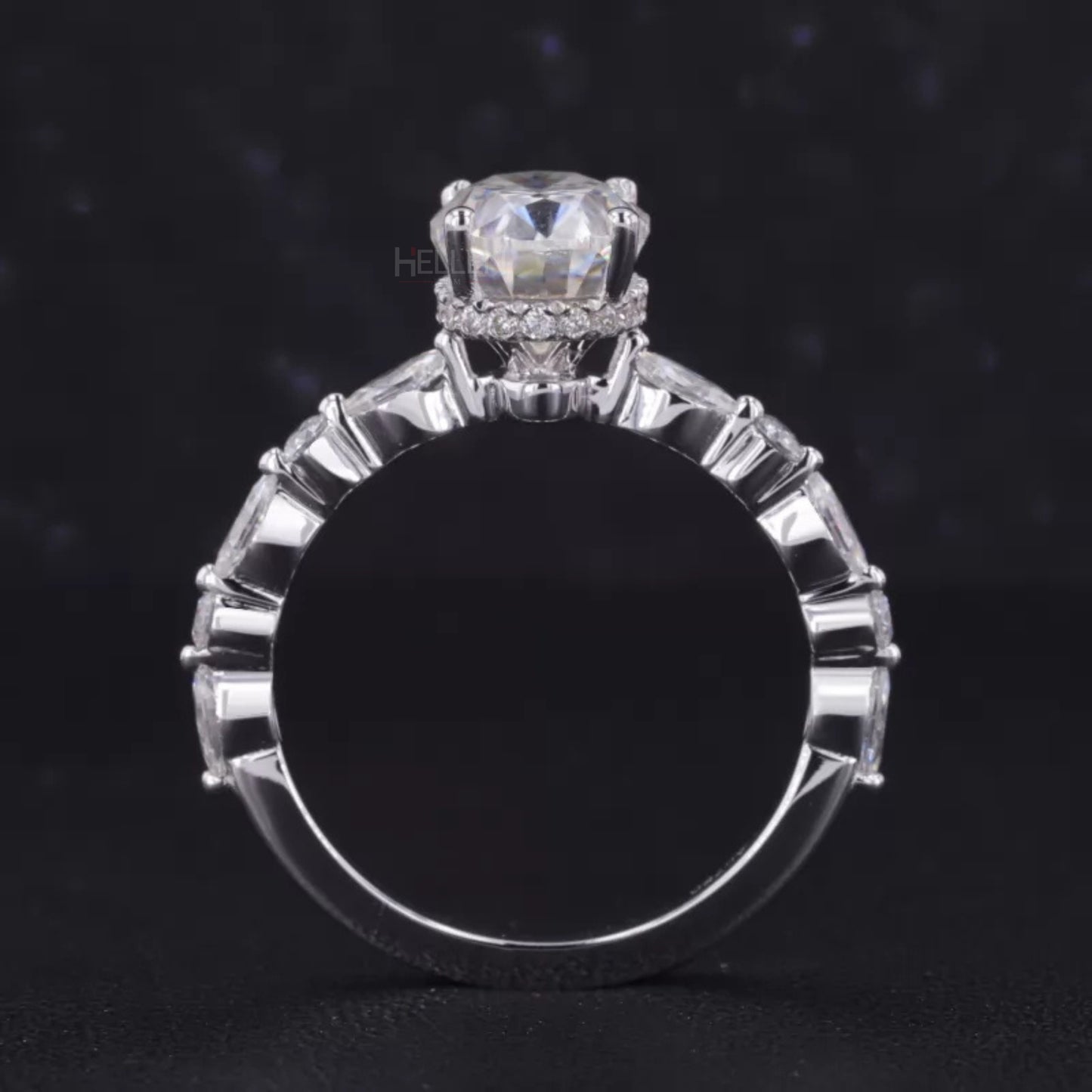 Oval Cut Solitaire with Marquise & Round Moissanite Hidden Halo Ring