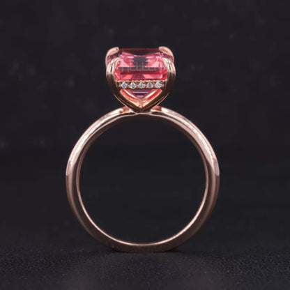 Pink Emerald Cut Gemstone Semi-Precious Halo Ring