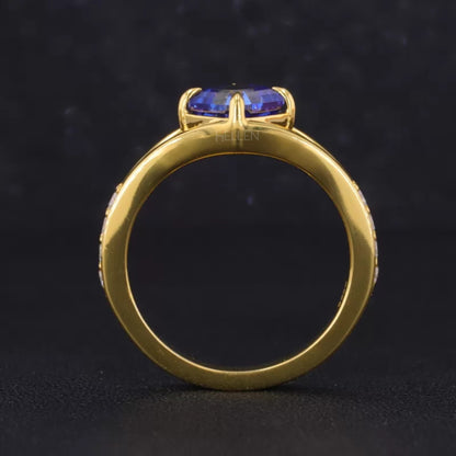 Princess Cut Blue Sapphire & Moissanite Pave Solitaire Ring