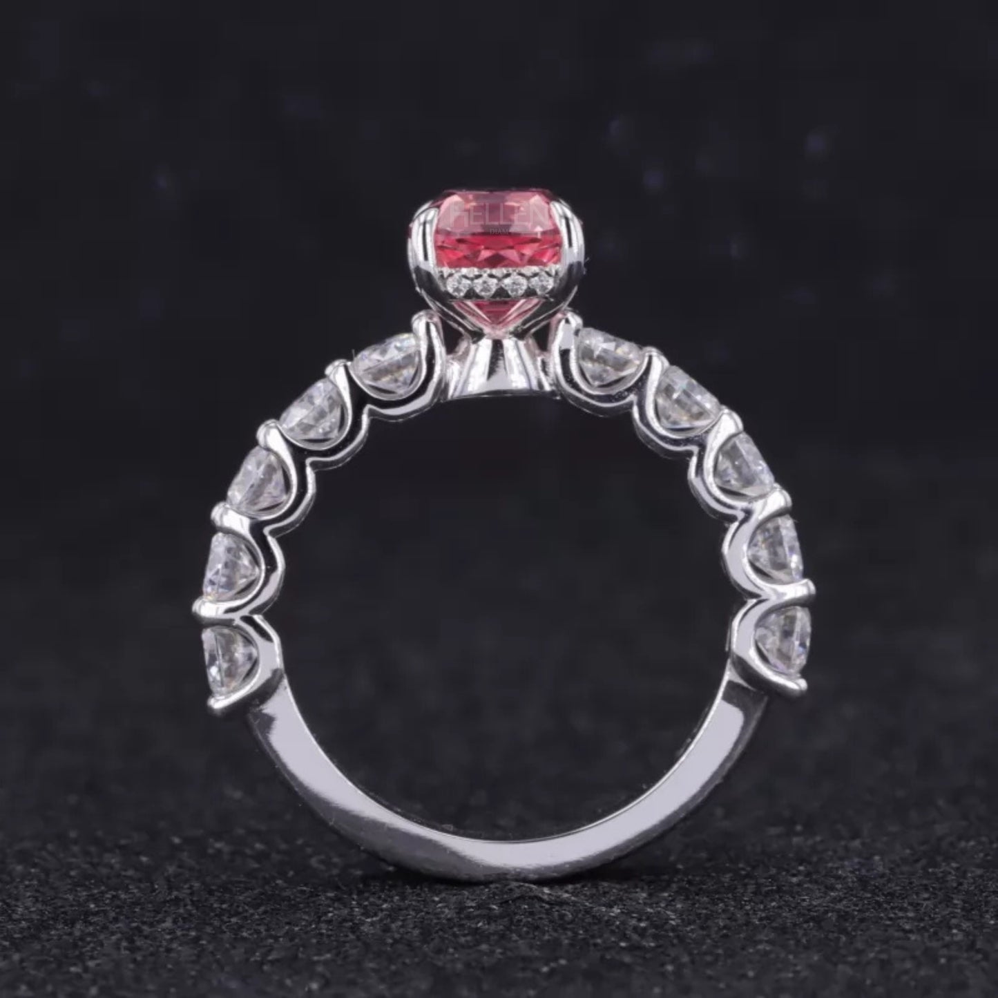 Pink Sapphire Elongated Cushion Cut Moissanite Pave Ring