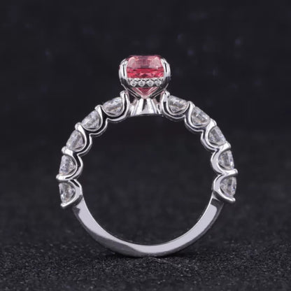Pink Sapphire Elongated Cushion Cut Moissanite Pave Ring
