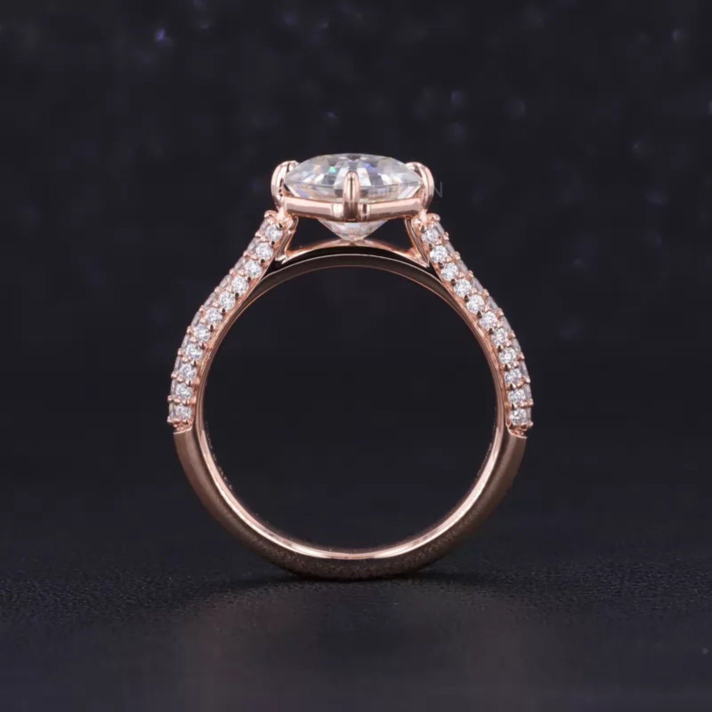 Asscher Cut Moissanite Solitaire Ring with Pave Diamond Shank