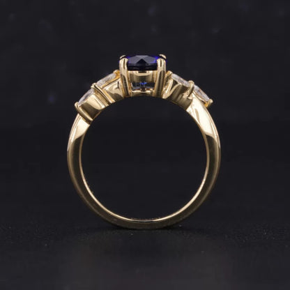 Blue Sapphire Round Cut Gemstone & Marquise Side Stone Ring