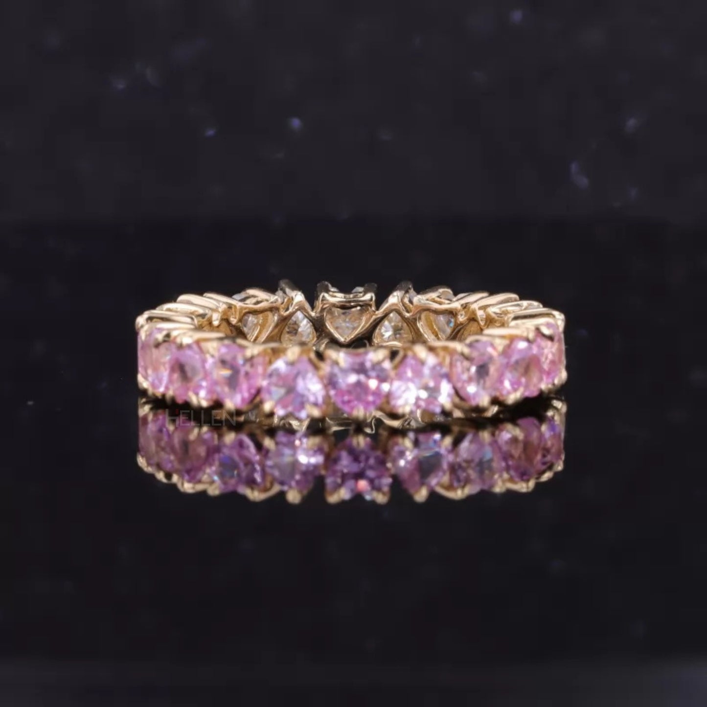 Half Pink Gemstone & Moissanite Heart Cut Wedding Band