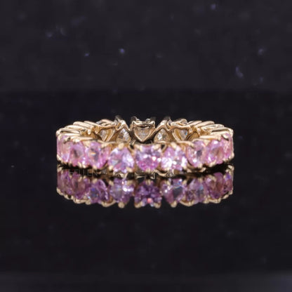 Half Pink Gemstone & Moissanite Heart Cut Wedding Band