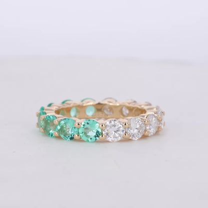 Half Green Gemstone & Moissanite Round Cut 2-in-1 Wedding Band