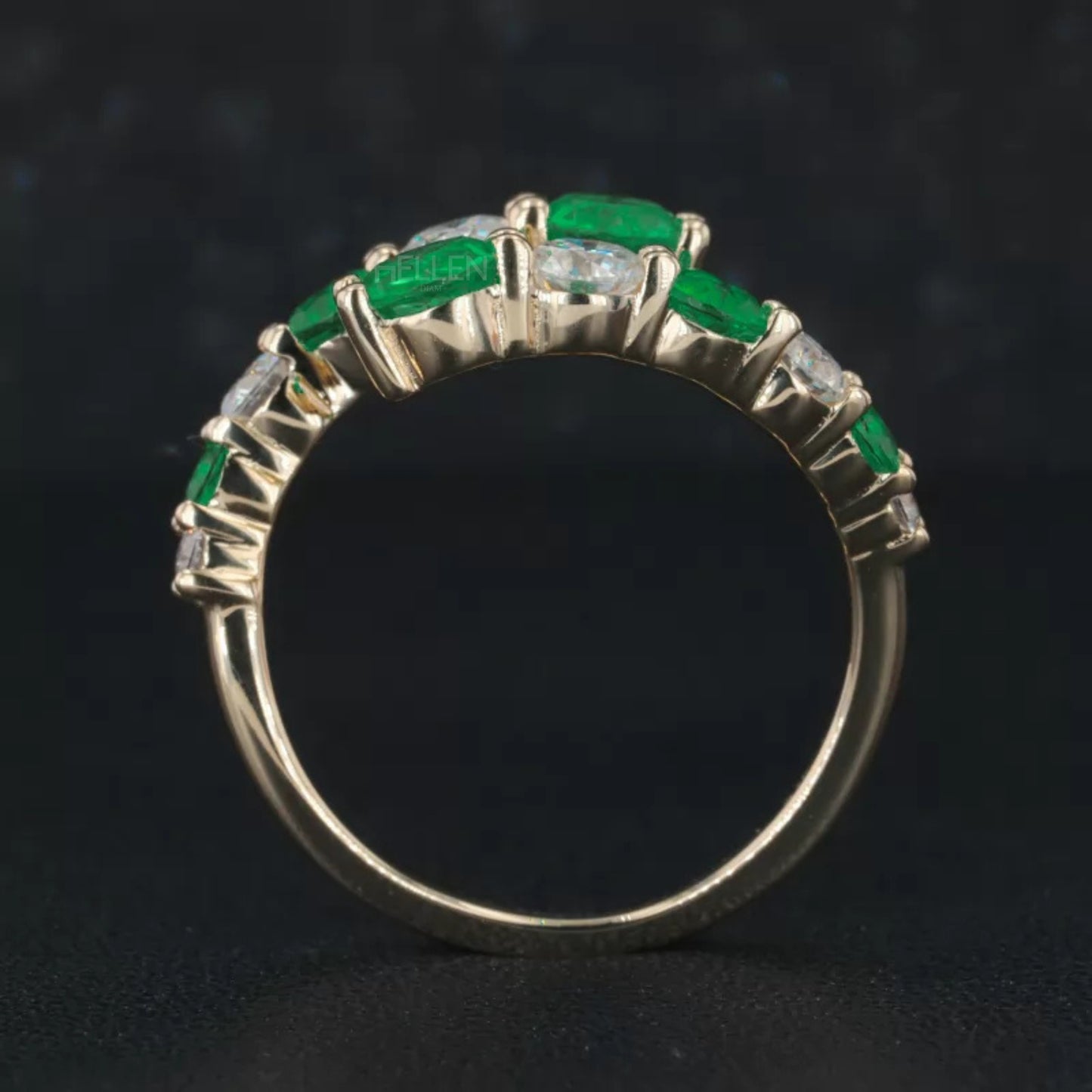Round Cut Emerald & Moissanite Open Gap Wedding Band