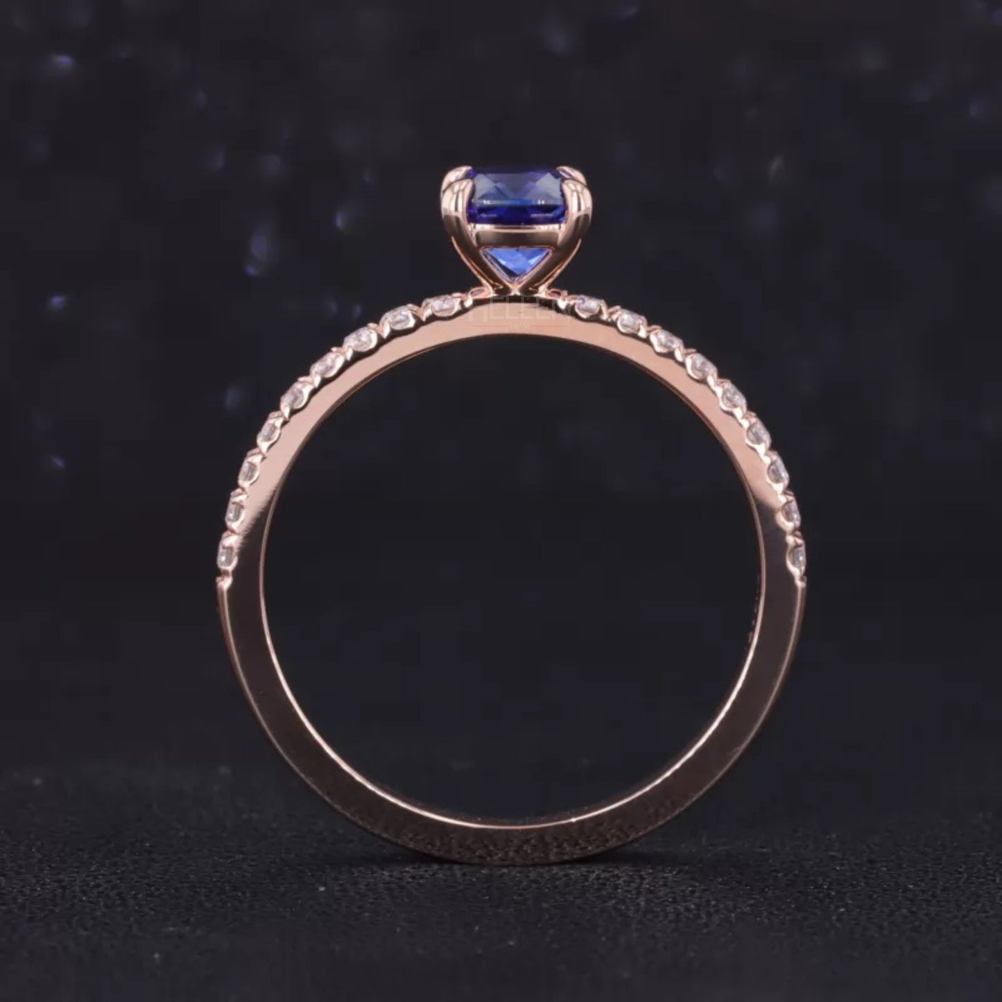 Cushion Cut Blue Sapphire Solitaire & Round Moissanite Ring