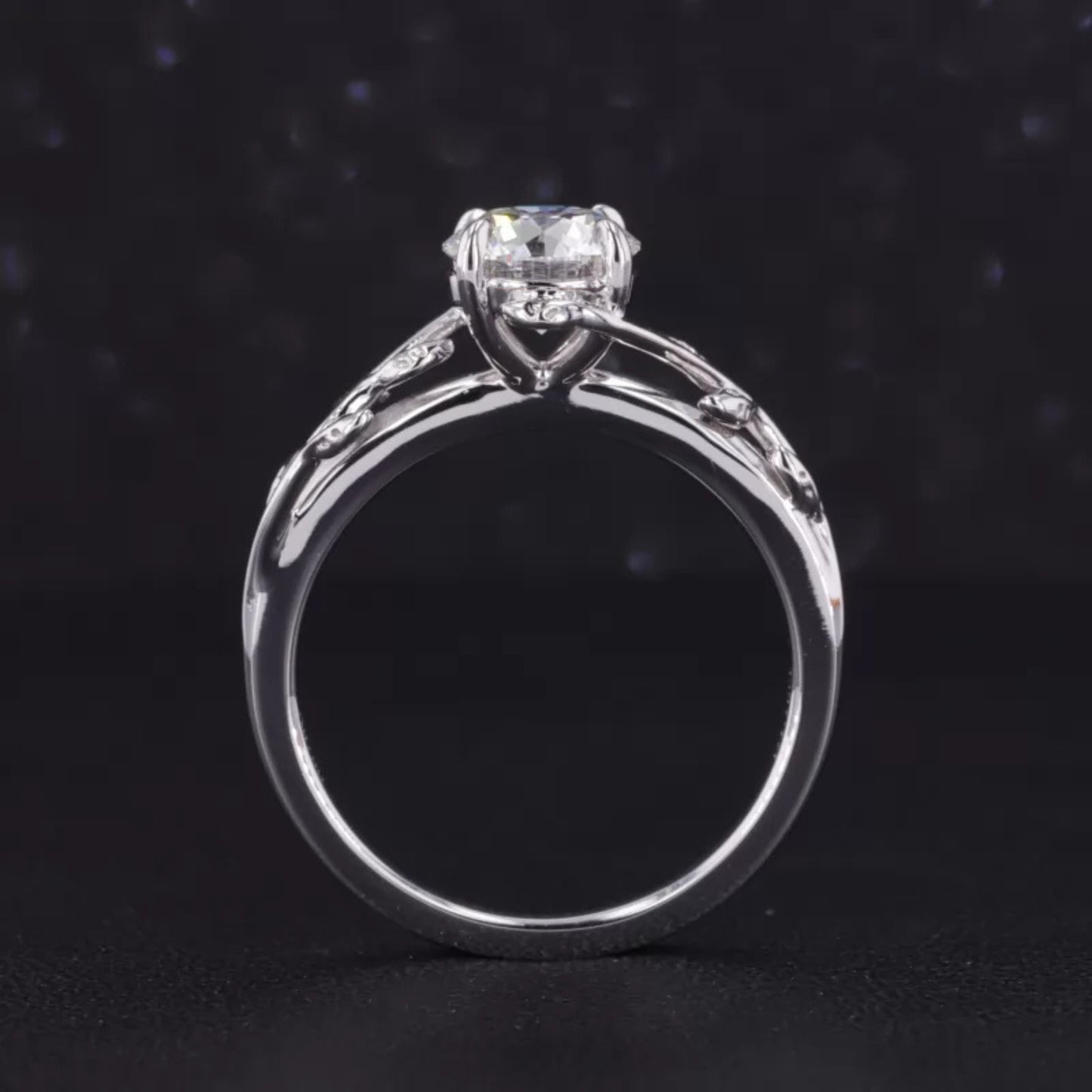 Round Cut Solitaire Moissanite Tree Leaf Branch Twist Engagement Ring