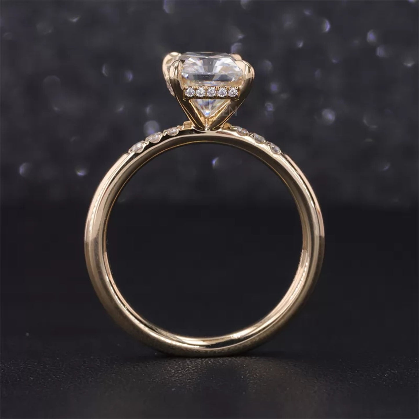 Radiant Cut Moissanite Solitaire Ring with Pave Diamond Shank