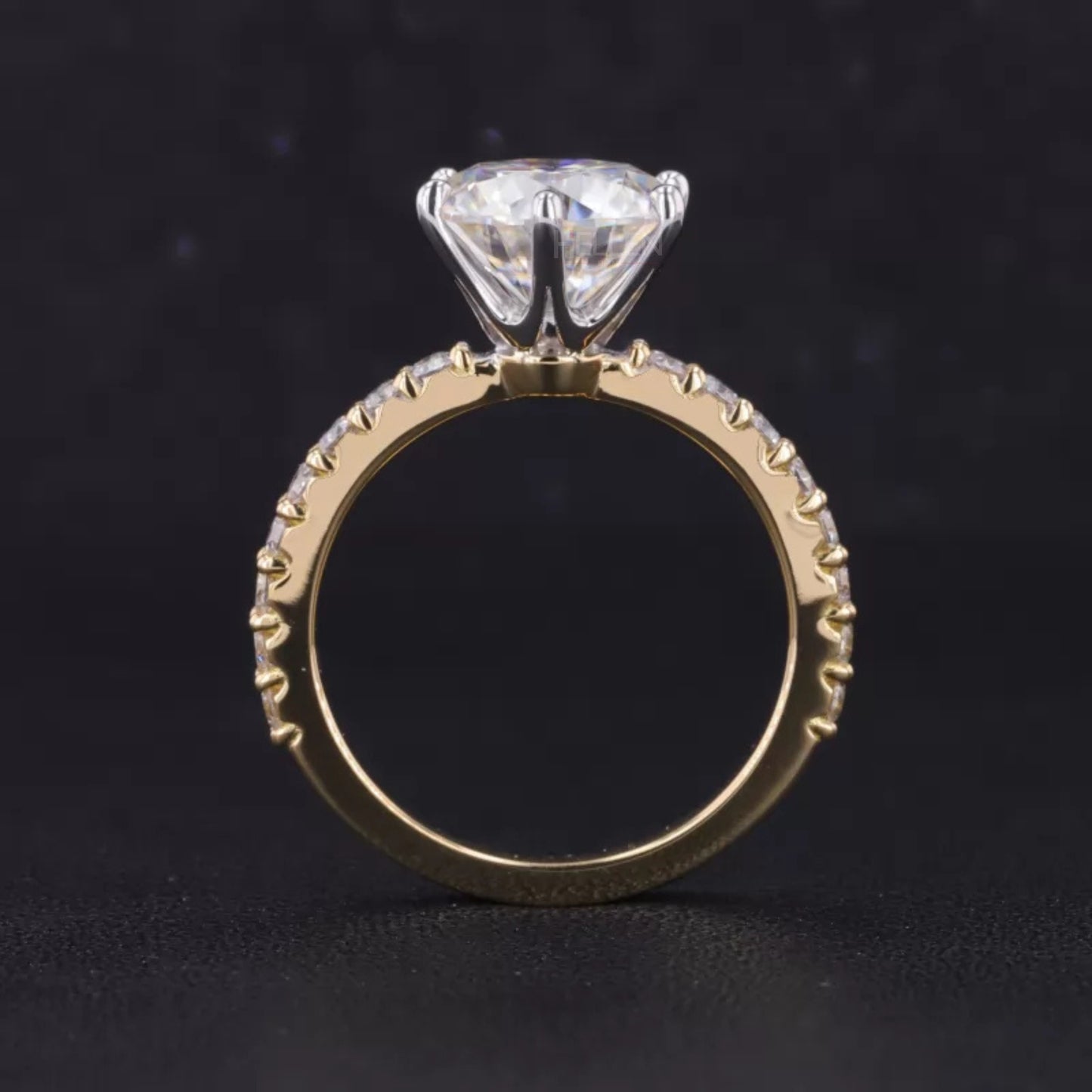 Round Cut Solitaire Moissanite 2-Tone Ring with Diamonds on Shank