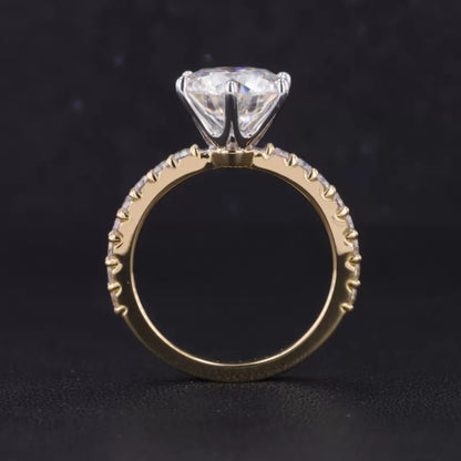 Round Cut Solitaire Moissanite 2-Tone Ring with Diamonds on Shank