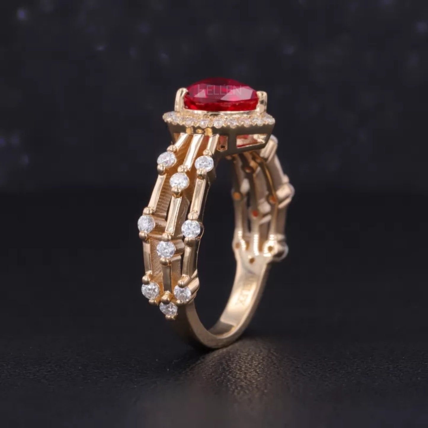 Heart Shaped Blood Red Gemstone & Moissanite Halo Ring