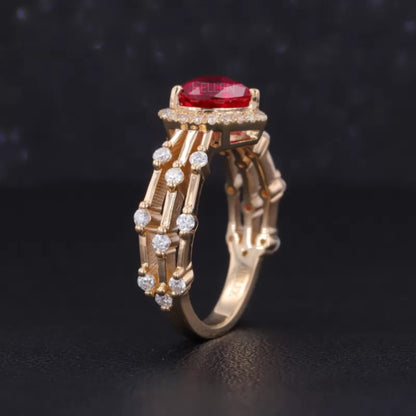 Heart Shaped Blood Red Gemstone & Moissanite Halo Ring