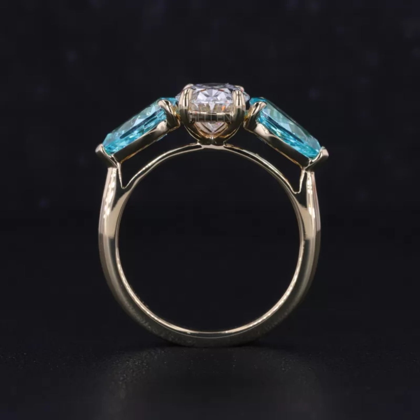 Aquamarine Pear & Oval Cut Moissanite 3 Stone Engagement Ring
