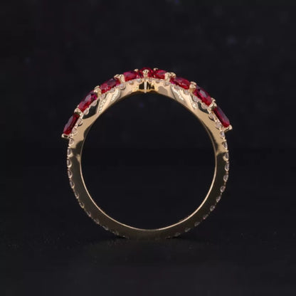 Red/Ruby Gemstone and Moissanite V-Shaped Ring – Eye-Catching