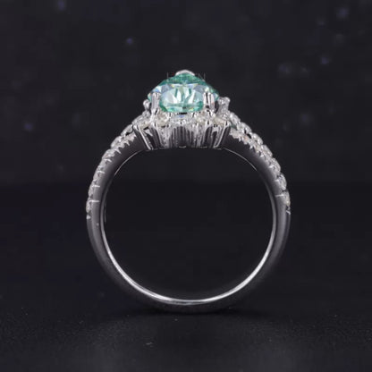 Blue-Green Pear & Round Moissanite Split Shank Engagement Ring