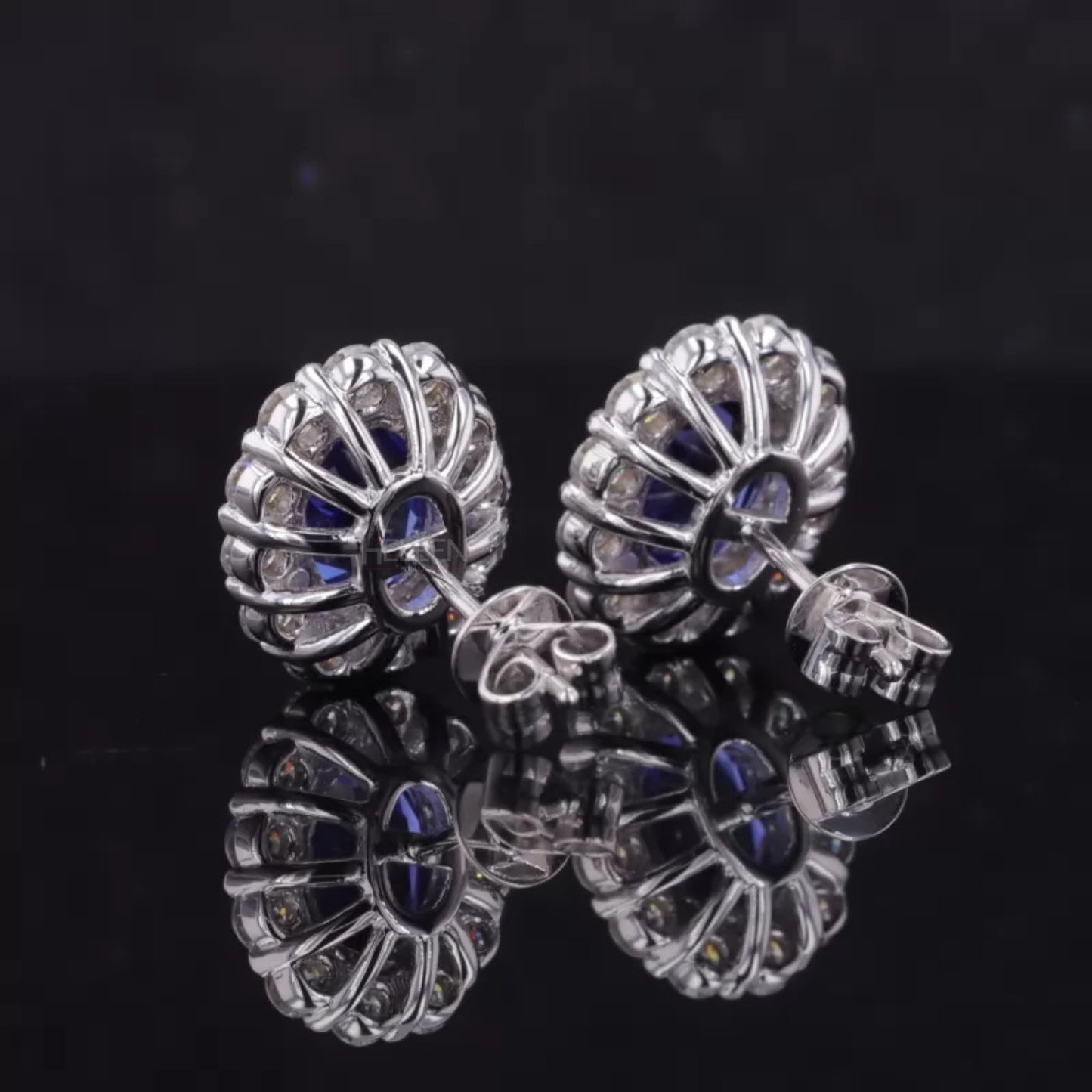 Blue Sapphire Oval Cut Gemstone With Round Cut Halo Studs Earring