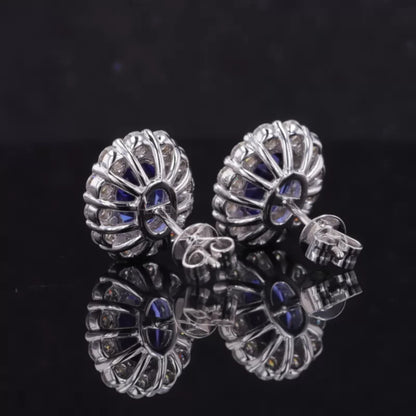 Blue Sapphire Oval Cut Gemstone With Round Cut Halo Studs Earring