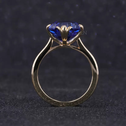 Asscher Cut Blue Sapphire Solitaire Engagement Ring With leaf Prong