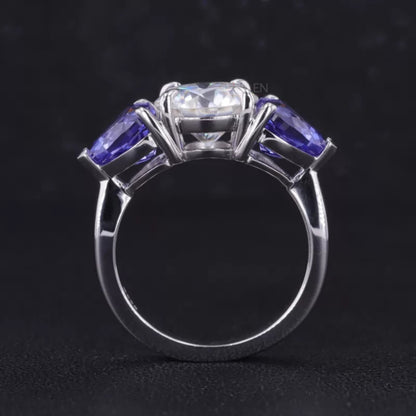 Round and Blue Heart Cut Moissanite Engagement Ring