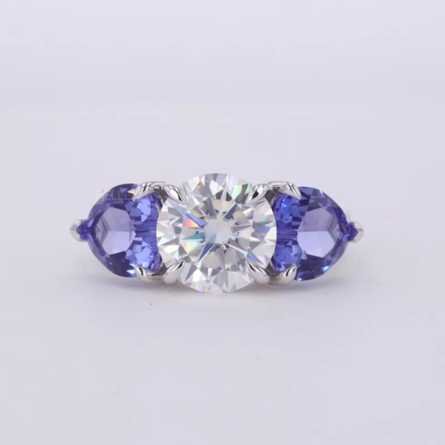 Round and Blue Heart Cut Moissanite Engagement Ring