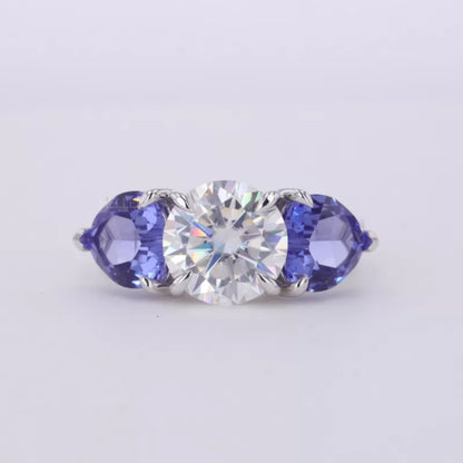 Round and Blue Heart Cut Moissanite Engagement Ring