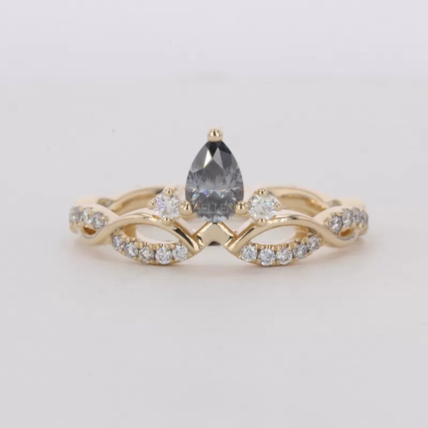 Round & Salt and Pepper Pear Cut V Curved Moissanite Wedding Band