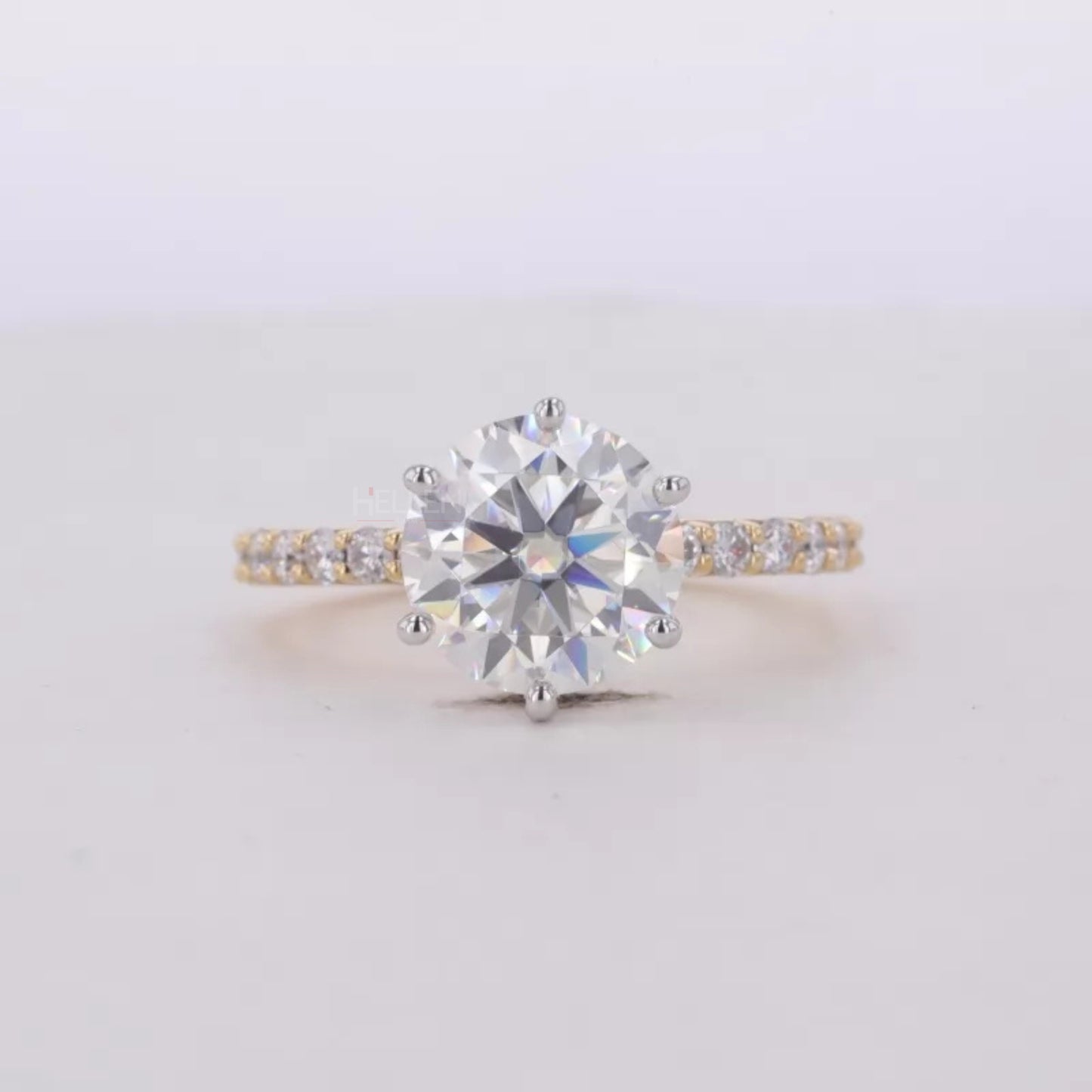 Round Cut Solitaire Moissanite 2-Tone Ring with Diamonds on Shank