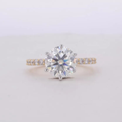 Round Cut Solitaire Moissanite 2-Tone Ring with Diamonds on Shank