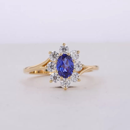 Blue Sapphire Oval Gemstone with Round Cut Halo Engagement Ring