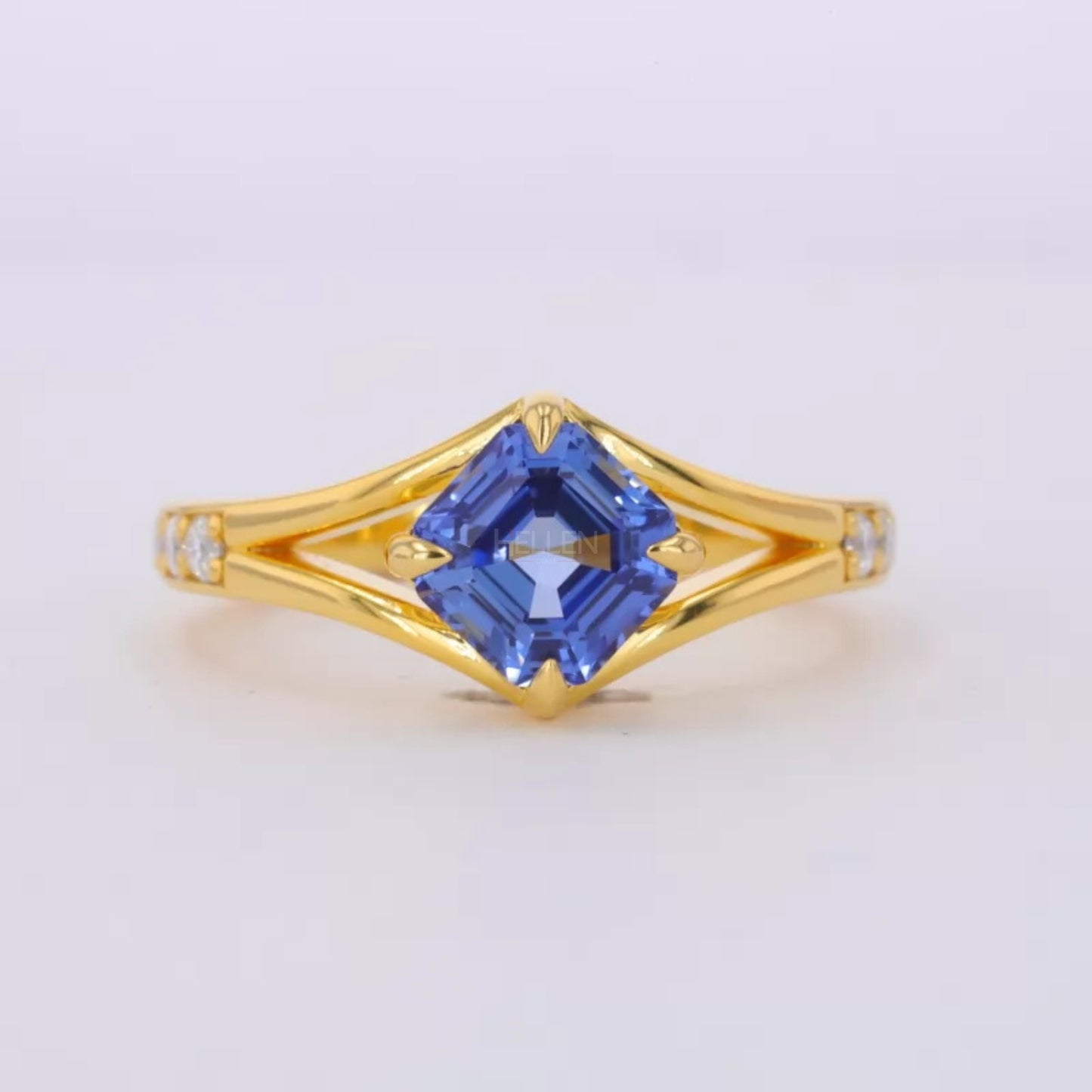 Princess Cut Blue Sapphire & Moissanite Pave Solitaire Ring