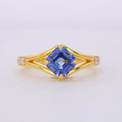 Princess Cut Blue Sapphire & Moissanite Pave Solitaire Ring