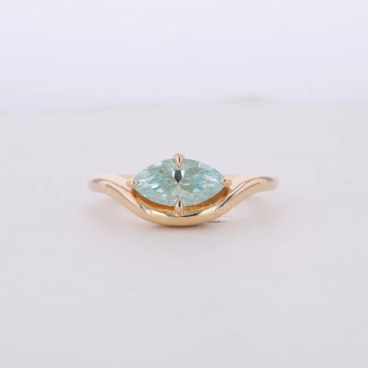 East-West Marquise Blue Green Moissanite Solitaire Proposal Ring