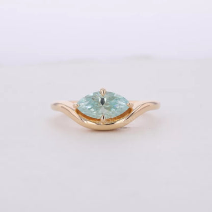 East-West Marquise Blue Green Moissanite Solitaire Proposal Ring