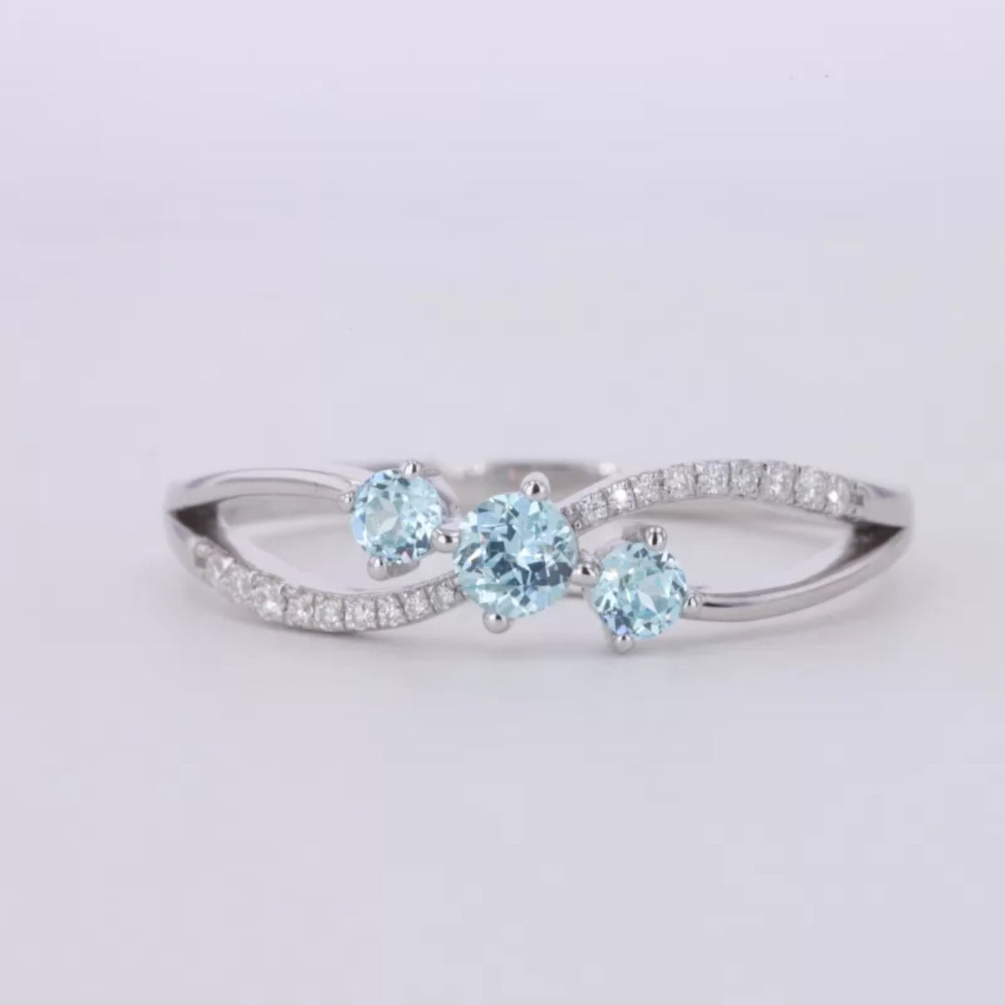 Aquamarine Round Cut Gemstone and Round Cut Moissanite 3 stone Ring